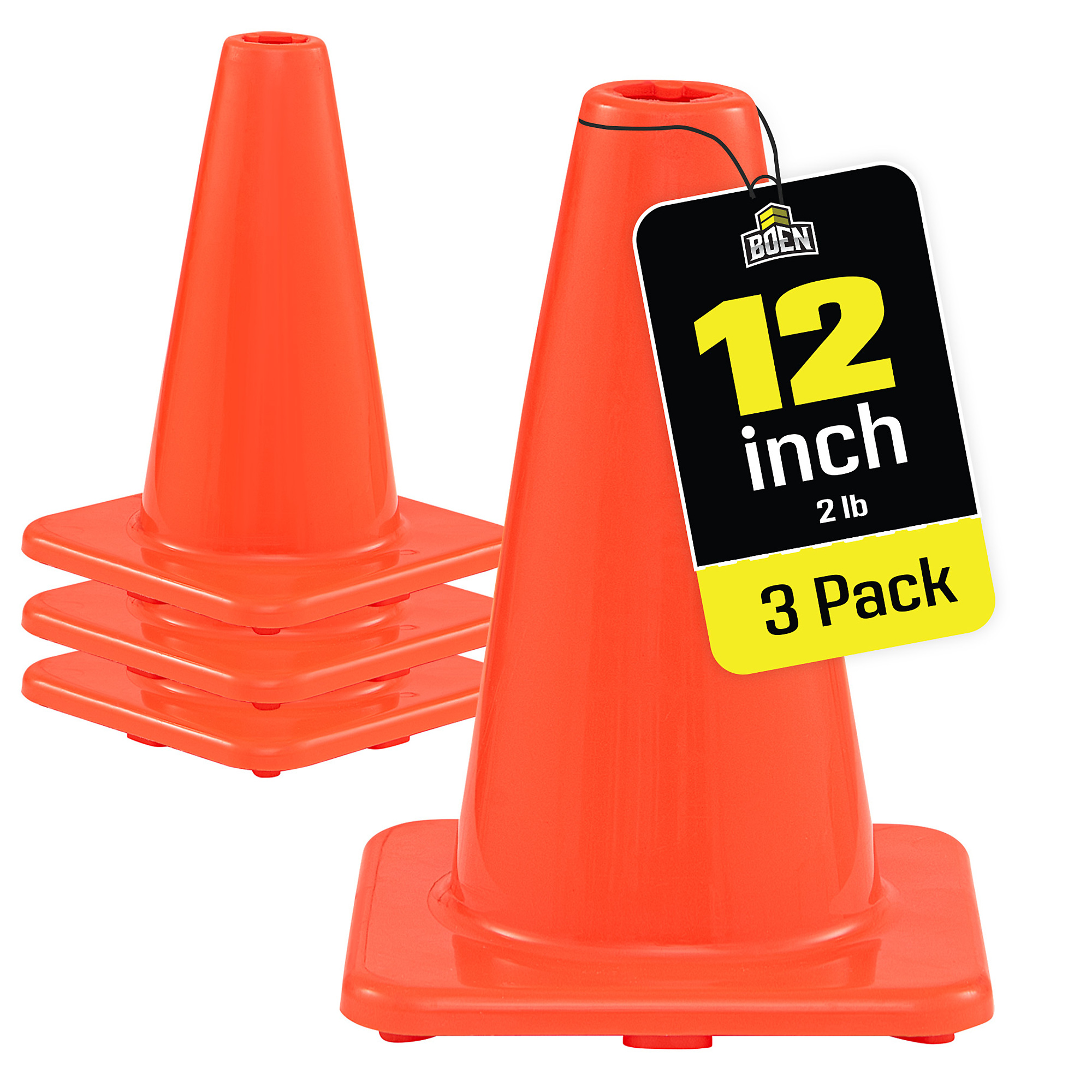 Boen 12 in, Orange Traffic Cone, 3-Pack, High-Visibility Safety Cones with Heavy-Duty Base for Sports Drills, Events & Indoor Training